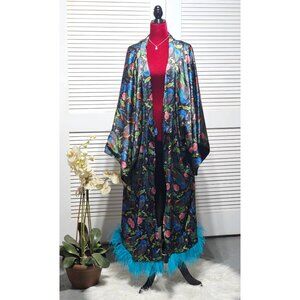 Ayasa Afi Women's Peacock Print Kimono Turquoise Feather Trim One Size 2883
